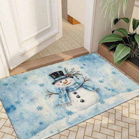 Blue Snowman Christmas Entryway Rugs 2x3 Winter Home Decor Doormat Small Non-Slip Low Pile Front Door Mat Washable Throw Rugs for Kitchen Bedroom Bathroom Xmas Holiday Decor in Saudi Arabia