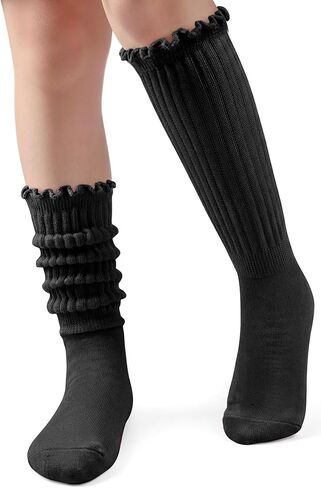 HONGTEYA Ruffle Socks for Women Cotton Slouchy Knee High Calf Crew Socks for Boot Sneakers Workout Size 5-11 in Saudi Arabia