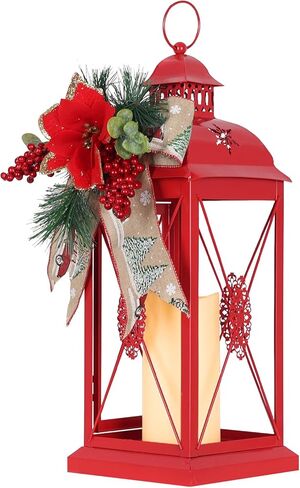DECORKEY Christmas Decorations For Home, Decorative Christmas Lantern Indoor Outdoor Decor, Metal Hanging Candle Holder with Xmas Teardrop Wreath & LED Candle for Table Centerpieces, Patio, Porch(Red) in Kuwait