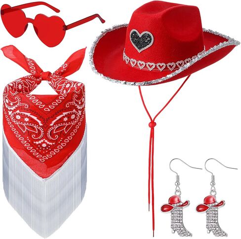4 Pcs Rhinestone Cowboy Hat Set with Bandana Earring Heart-Shaped Sunglasses for Men Women Halloween Party Red in Saudi Arabia