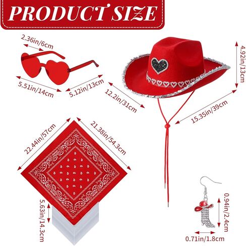 4 Pcs Rhinestone Cowboy Hat Set with Bandana Earring Heart-Shaped Sunglasses for Men Women Halloween Party Red in Saudi Arabia