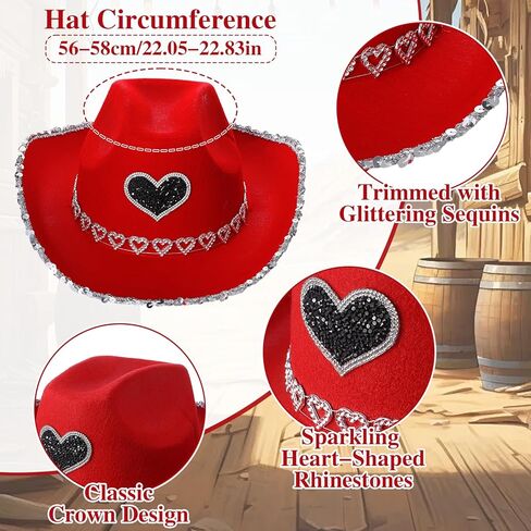 4 Pcs Rhinestone Cowboy Hat Set with Bandana Earring Heart-Shaped Sunglasses for Men Women Halloween Party Red in Saudi Arabia