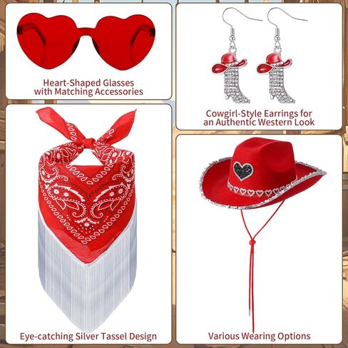 4 Pcs Rhinestone Cowboy Hat Set with Bandana Earring Heart-Shaped Sunglasses for Men Women Halloween Party Red in Saudi Arabia