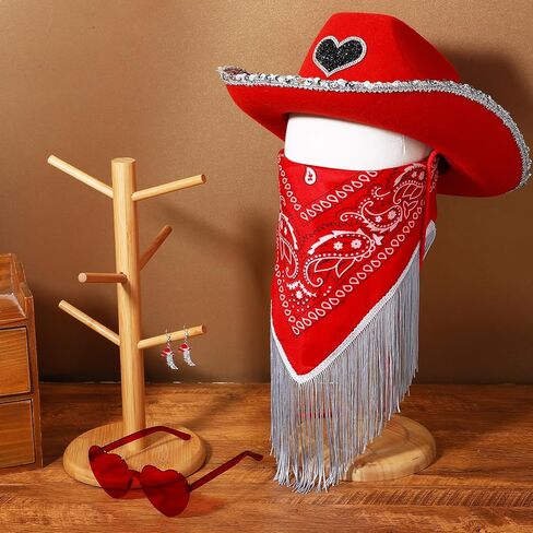4 Pcs Rhinestone Cowboy Hat Set with Bandana Earring Heart-Shaped Sunglasses for Men Women Halloween Party Red in Saudi Arabia