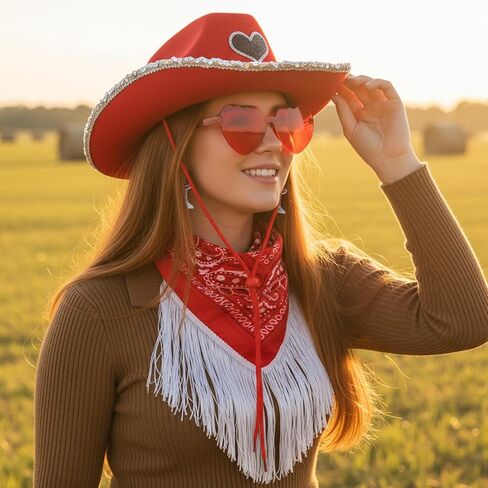 4 Pcs Rhinestone Cowboy Hat Set with Bandana Earring Heart-Shaped Sunglasses for Men Women Halloween Party Red in Saudi Arabia