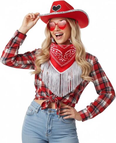 4 Pcs Rhinestone Cowboy Hat Set with Bandana Earring Heart-Shaped Sunglasses for Men Women Halloween Party Red in Saudi Arabia