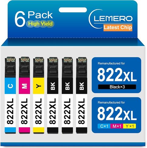 LEMERO 822XL Ink Cartridges Remanufactured for Epson 822XL Ink Cartridges Combo Pack 822 822XL for Workforce Pro WF-3820 WF-3823 WF-4820 WF-4830 WF-4833 Printer (3 Black 1 Cyan 1 Magenta 1 Yellow) in Kuwait