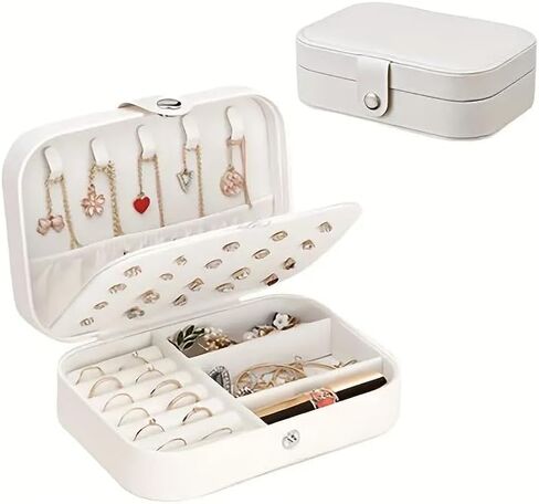 Travel Jewelry Box-PU Portable Mini Organizer for Women & Girls,Small Travel Case for Rings,Stud Earrings,Necklaces,Bracelets,Compact Display Storage Holder（White） in Saudi Arabia