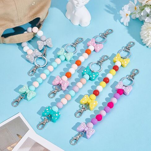 PH PandaHall 6pcs الماوس الأذن حامل المفاتيح Bowknot سيليكون الخرز المفاتيح، 8.5 بوصة مطرز الحبل سلاسل المفاتيح الملحقات لعصابة عرض منظم حقيبة شنقا الديكور in Saudi Arabia