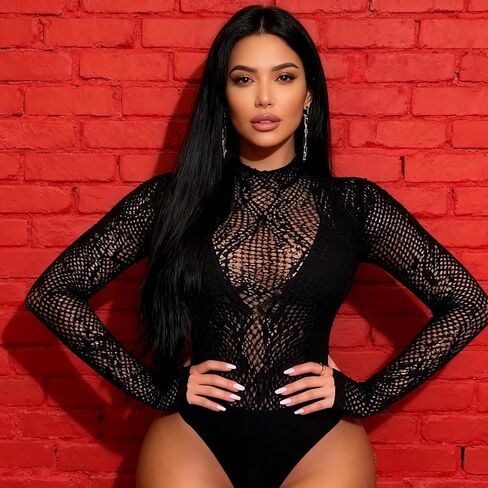 Women's Black Sheer Mesh Maid Costume Bodysuit with Lace Trim Nylon Form-Fitting Role Play Outfit for Couples Night and Romantic Evening in Saudi Arabia