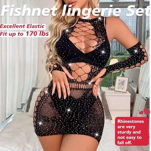 Sexy Lingerie For Women Naughty Sparkle Rhinestone Fishne Lingerie Set Crotchless Erotic Mesh Rave Bodysuits Outfit in Saudi Arabia