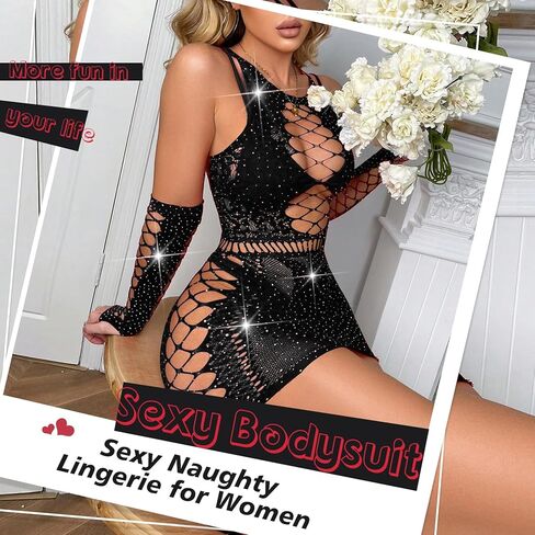 Sexy Lingerie For Women Naughty Sparkle Rhinestone Fishne Lingerie Set Crotchless Erotic Mesh Rave Bodysuits Outfit in Saudi Arabia