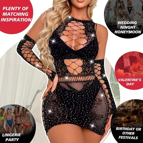 Sexy Lingerie For Women Naughty Sparkle Rhinestone Fishne Lingerie Set Crotchless Erotic Mesh Rave Bodysuits Outfit in Saudi Arabia
