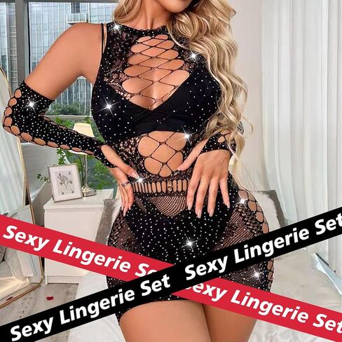 Sexy Lingerie For Women Naughty Sparkle Rhinestone Fishne Lingerie Set Crotchless Erotic Mesh Rave Bodysuits Outfit in Saudi Arabia
