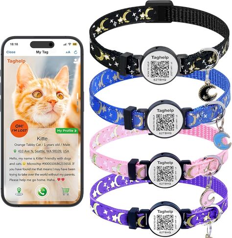 6 قطع من أطواق القطط المنفصلة مع جرس، طوق القطط اللطيف، مثالية للفتيات والقطط والقطط - أطواق صلبة وآمنة عاكسة للقطط، علامات تعريف القطط برمز الاستجابة السريعة (6 أطواق/بدون حامل علامات هوائية) in Kuwait