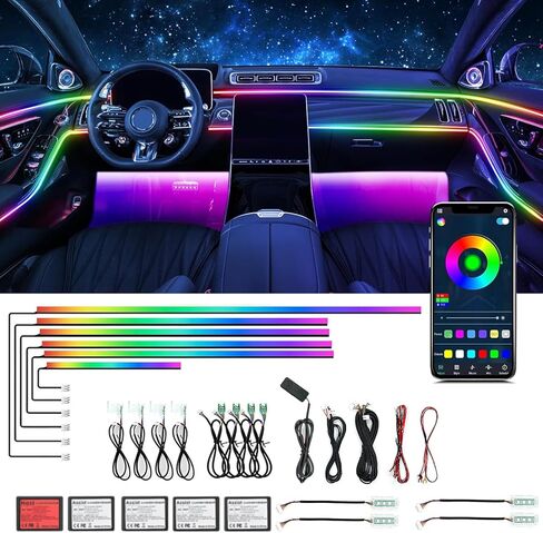 Dreamcolor Acrylic Interior Car Ambient Light Kit, Bphuny 18 in 1 593 LEDs Fiber Optic Multiple Modes Decoration Atmosphere Lights with Music Dynamic Rainbow Rhythm, RGB Neon Lights for All Cars in Kuwait