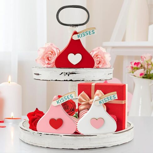 WATINC Valentine Tiered Tray Signs - 3PCS Valentine's Kisses Wooden Table Decor, Candy Double-sided Centerpieces Decorations, Sweet Romantic Tabletop Wedding Party Gifts Supplies in Saudi Arabia