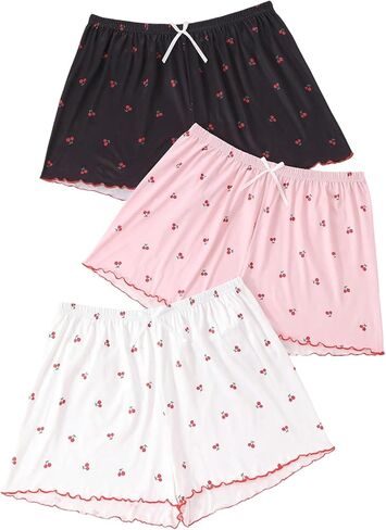 Women's 3 Piece Plus Size Cherry Print Pajama Shorts Bowknot Elastic Waist Sleep Shorts Loungewear in Saudi Arabia