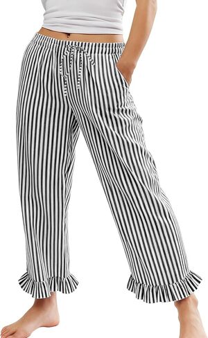 Flygo Womens Striped Lounge Pants Y2K Long Cotton Ruffle Boxer Bottoms Comfy Drawstring Elastic Waist Pj Pants with Pockets in Saudi Arabia