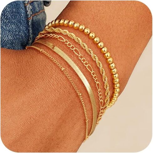 NECOCY 14K Gold Plated Bracelets for Women, Stackable Bracelet Stack Set Adjustable Charm Paperclip Chain Cuban Link Layered Waterproof Jewelry Sets Christmas Gifts for Love in Saudi Arabia