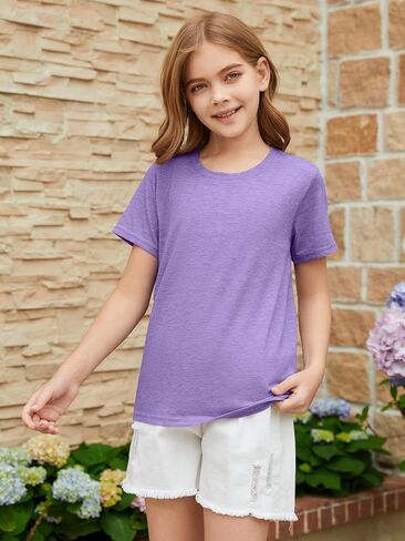 ZDC Girls Short Sleeve Shirts Kids Crewneck Soft T-Shirts Summer Tees 5-14 Years in Saudi Arabia