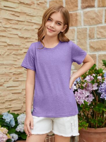 ZDC Girls Short Sleeve Shirts Kids Crewneck Soft T-Shirts Summer Tees 5-14 Years in Saudi Arabia