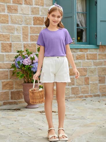 ZDC Girls Short Sleeve Shirts Kids Crewneck Soft T-Shirts Summer Tees 5-14 Years in Saudi Arabia