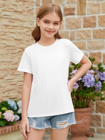 ZDC Girls Short Sleeve Shirts Crewneck T Shirts Kids Summer Tops Basic Tees 5-14 Years in Saudi Arabia