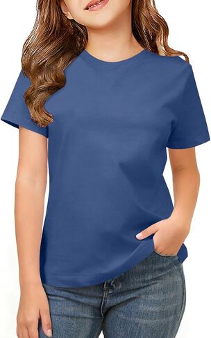 ZDC Girls Short Sleeve Shirts Crewneck T Shirts Kids Summer Tops Basic Tees 5-14 Years in Saudi Arabia