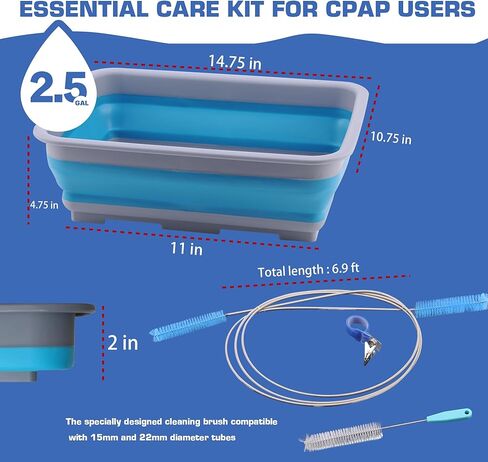 مجموعة تنظيف CPAP الكاملة، فرش تنظيف أنبوبية بطول 6.5 قدم متوافقة مع خرطوم 15 مم و20 مم، لوازم تنظيف لخرطوم CPAP وقناع مع حوض غسيل قابل للطي، وشماعات ومشابك الخراطيم in Kuwait