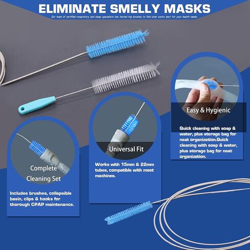 مجموعة تنظيف CPAP الكاملة، فرش تنظيف أنبوبية بطول 6.5 قدم متوافقة مع خرطوم 15 مم و20 مم، لوازم تنظيف لخرطوم CPAP وقناع مع حوض غسيل قابل للطي، وشماعات ومشابك الخراطيم in Kuwait
