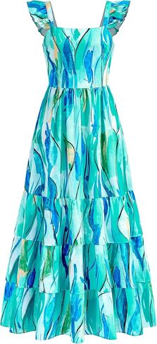 dowerme Summer Dresses for Women 2025 Casual Ruffle Smocked Tiered A-Line Boho Floral Maxi Beach Sun Dress with Pockets in Saudi Arabia