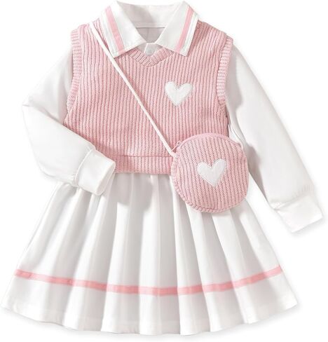 Toddler Girl Long Sleeve Button Down Collared Shirt Dress Sleeveless Vest Sweatshirt with Cute Bag 3 Pieces Outfits in Saudi Arabia