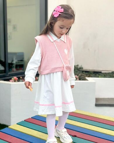 Toddler Girl Long Sleeve Button Down Collared Shirt Dress Sleeveless Vest Sweatshirt with Cute Bag 3 Pieces Outfits in Saudi Arabia