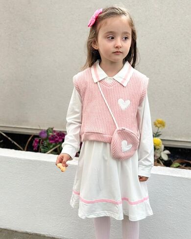 Toddler Girl Long Sleeve Button Down Collared Shirt Dress Sleeveless Vest Sweatshirt with Cute Bag 3 Pieces Outfits in Saudi Arabia