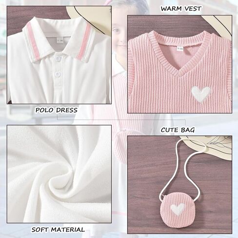 Toddler Girl Long Sleeve Button Down Collared Shirt Dress Sleeveless Vest Sweatshirt with Cute Bag 3 Pieces Outfits in Saudi Arabia
