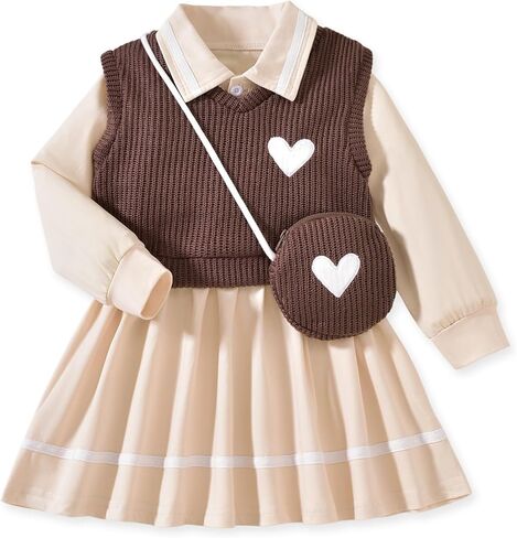 Toddler Girl Long Sleeve Button Down Collared Shirt Dress Sleeveless Vest Sweatshirt with Cute Bag 3 Pieces Outfits in Saudi Arabia
