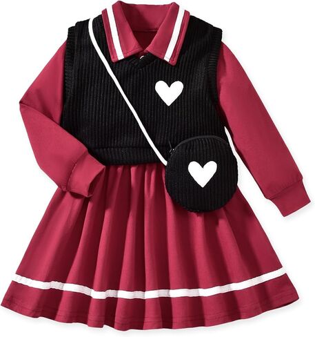 Toddler Girl Long Sleeve Button Down Collared Shirt Dress Sleeveless Vest Sweatshirt with Cute Bag 3 Pieces Outfits in Saudi Arabia