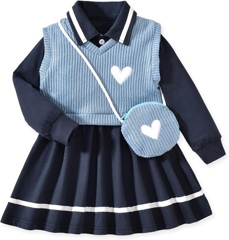 Toddler Girl Long Sleeve Button Down Collared Shirt Dress Sleeveless Vest Sweatshirt with Cute Bag 3 Pieces Outfits in Saudi Arabia