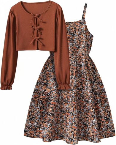Floerns Girl's 2 Piece Outfits Boho Floral Print A Line Ruffle Mini Dress and Tie Front Cardigan Set in Saudi Arabia