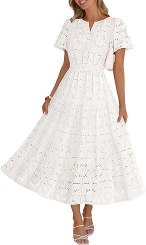 MEROKEETY Women's Spring Summer Floral Maxi Dress 2026 Boho Eyelet Hollow Out Lace Short Sleeve A Line Tiered Flowy Dresses in Saudi Arabia