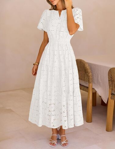 MEROKEETY Women's Spring Summer Floral Maxi Dress 2026 Boho Eyelet Hollow Out Lace Short Sleeve A Line Tiered Flowy Dresses in Saudi Arabia