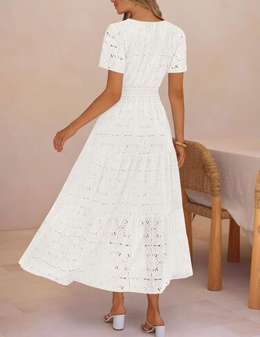 MEROKEETY Women's Spring Summer Floral Maxi Dress 2026 Boho Eyelet Hollow Out Lace Short Sleeve A Line Tiered Flowy Dresses in Saudi Arabia