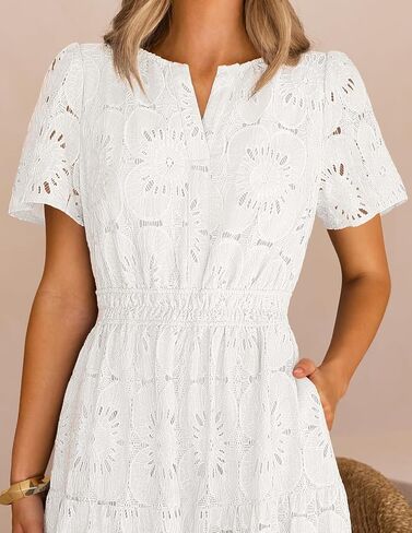 MEROKEETY Women's Spring Summer Floral Maxi Dress 2026 Boho Eyelet Hollow Out Lace Short Sleeve A Line Tiered Flowy Dresses in Saudi Arabia