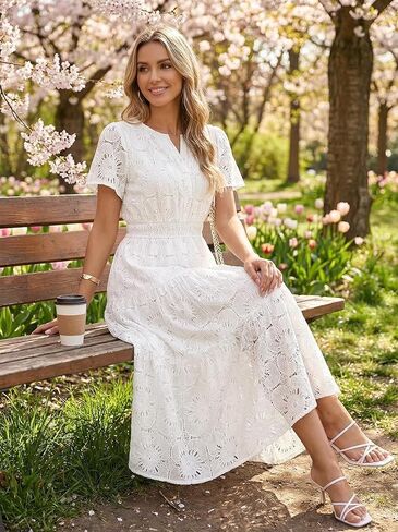 MEROKEETY Women's Spring Summer Floral Maxi Dress 2026 Boho Eyelet Hollow Out Lace Short Sleeve A Line Tiered Flowy Dresses in Saudi Arabia