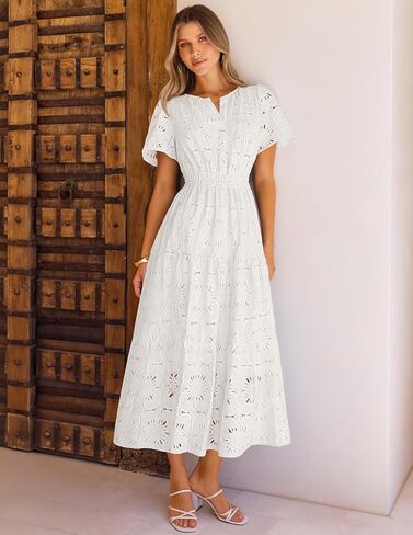 MEROKEETY Women's Spring Summer Floral Maxi Dress 2026 Boho Eyelet Hollow Out Lace Short Sleeve A Line Tiered Flowy Dresses in Saudi Arabia