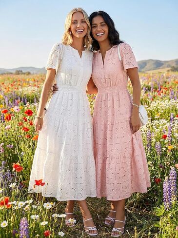 MEROKEETY Women's Spring Summer Floral Maxi Dress 2026 Boho Eyelet Hollow Out Lace Short Sleeve A Line Tiered Flowy Dresses in Saudi Arabia