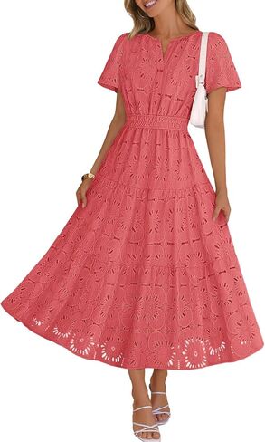 MEROKEETY Women's Spring Summer Floral Maxi Dress 2026 Boho Eyelet Hollow Out Lace Short Sleeve A Line Tiered Flowy Dresses in Saudi Arabia