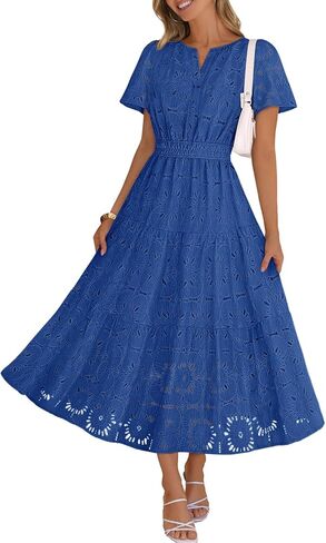 MEROKEETY Women's Spring Summer Floral Maxi Dress 2026 Boho Eyelet Hollow Out Lace Short Sleeve A Line Tiered Flowy Dresses in Saudi Arabia