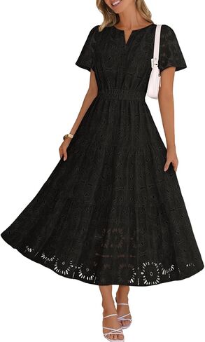 MEROKEETY Women's Spring Summer Floral Maxi Dress 2026 Boho Eyelet Hollow Out Lace Short Sleeve A Line Tiered Flowy Dresses in Saudi Arabia